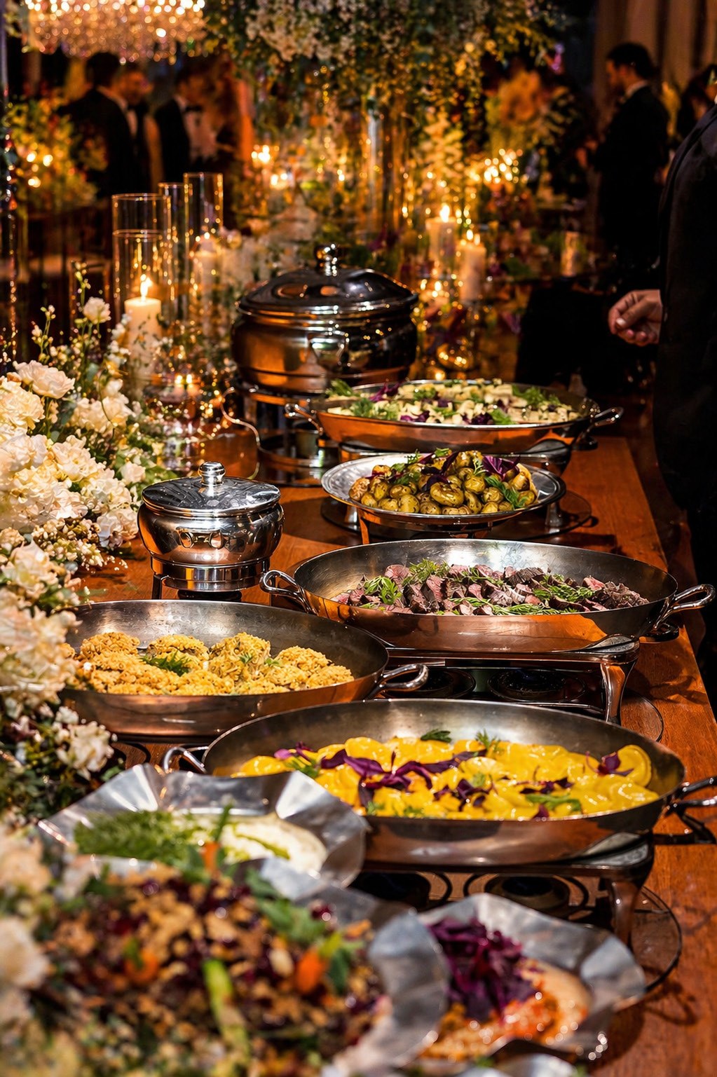 Buffet de casamento com pratos servidos em panelas e travessas